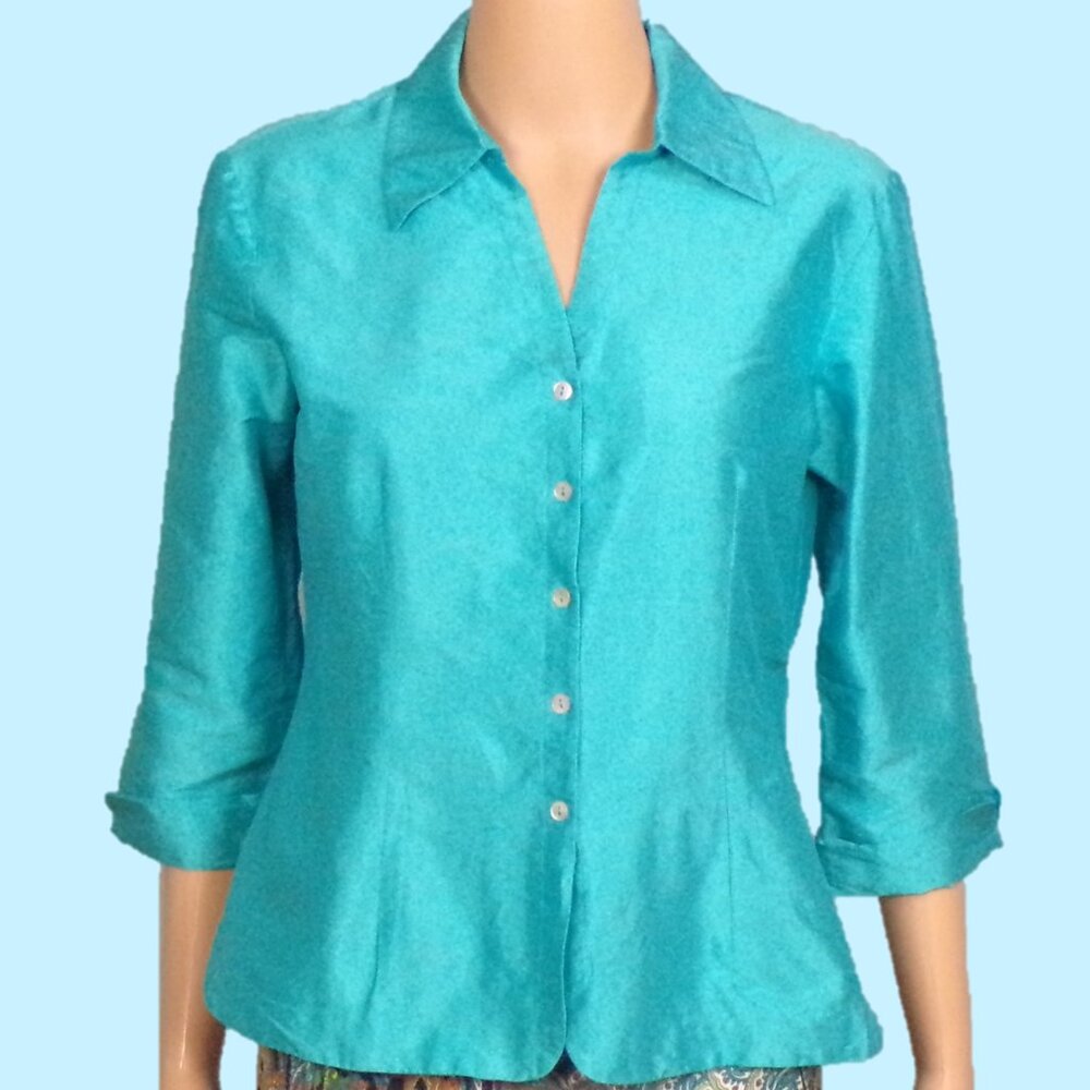 SILK! S.L.B. size S aquamarine 3/4-sleeve shirt/blouse 100% silk hand wash or DC